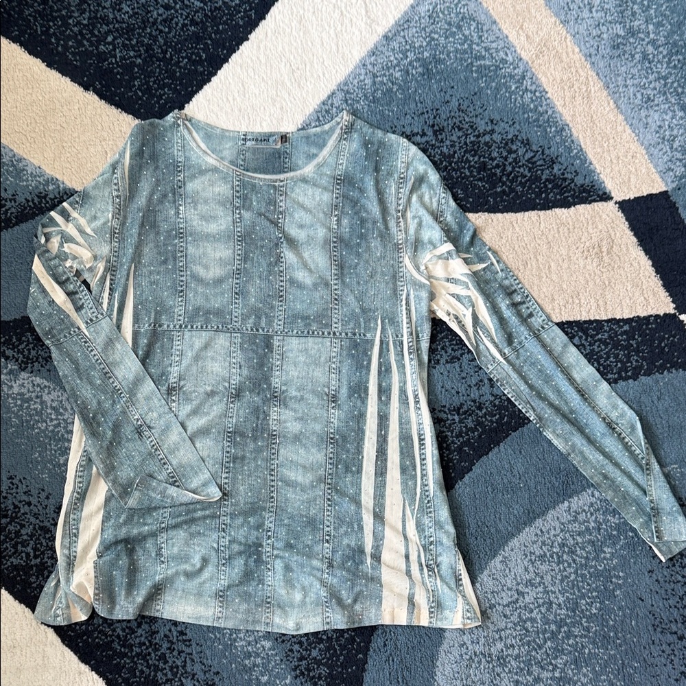 Oragimi Chic Long Sleeve Denim Look Blue Top with sequins